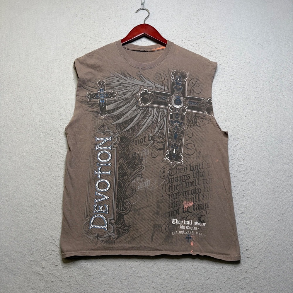 Devotion Muscle Shirt Mens Large Brown Y2K Graphic Cross Wings Sleeveless Tee
